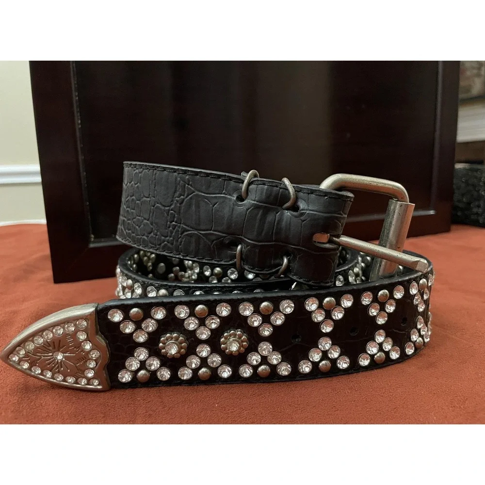 Studded Leather Belt Mens XL Black Rhinestone Western Buckle Croc Embossed